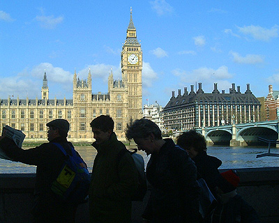 Queues silhouetted against Westminster